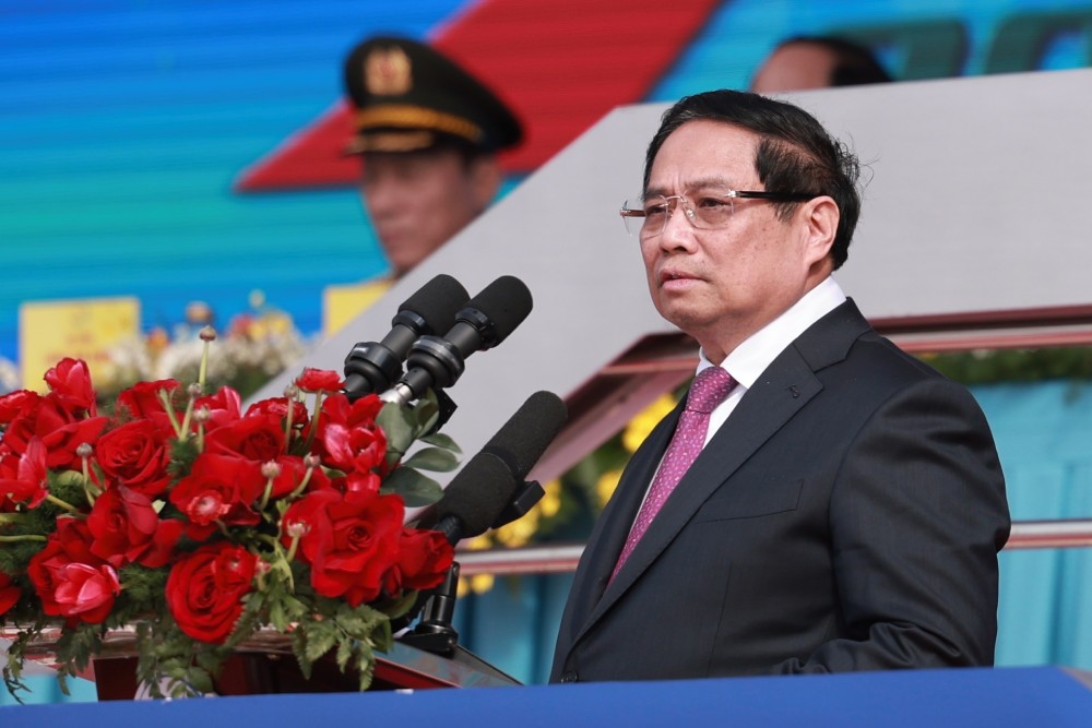 Thu tuong Chinh phu Pham Minh Chinh phat bieu tai Le khai mac Trien lam Quoc phong quoc te Viet Nam 2024. Anh: Hai Nguyen