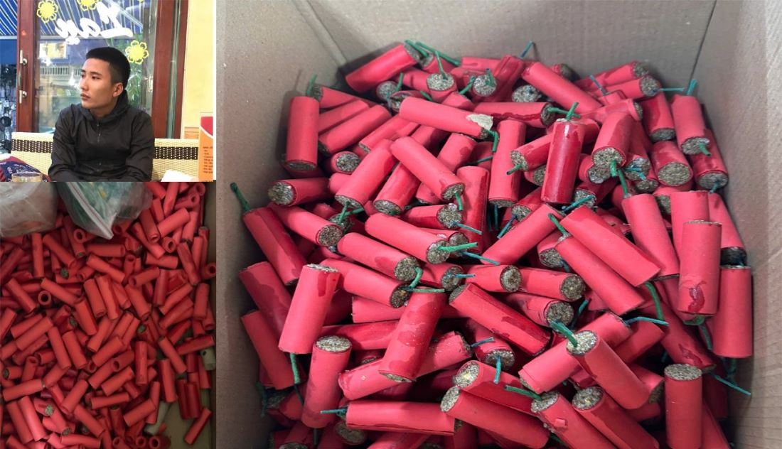 Đối tượng Dương Văn Sơn và các tang vật pháo nổ bị thu giữ. Ảnh: CATH