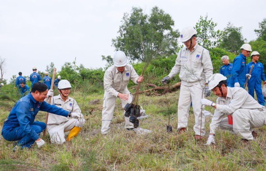 Chuong trinh trong cay xanh duoc to chuc nham uong ung phong trao bao ve moi truong, giam thieu tac dong cua bien doi khi hau va tao moi truong NMLD Dung Quat xanh - sach - dep.