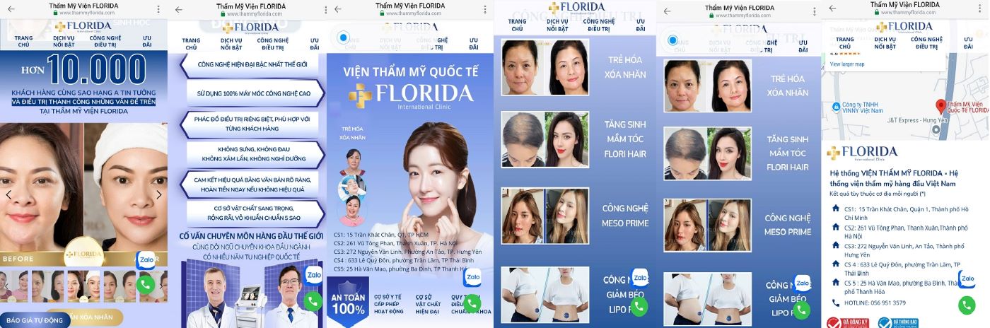 Cac noi dung tu quang cao, gioi thieu “no” tung troi cua “He thong vien tham my Quoc te Florida” tai ten mien “www.thammyflorida.com“. Anh chup man hinh