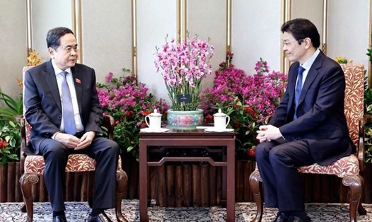 Chủ tịch Quốc hội Trần Thanh Mẫn hội kiến Thủ tướng Singapore Lawrence Wong. Ảnh: TTXVN