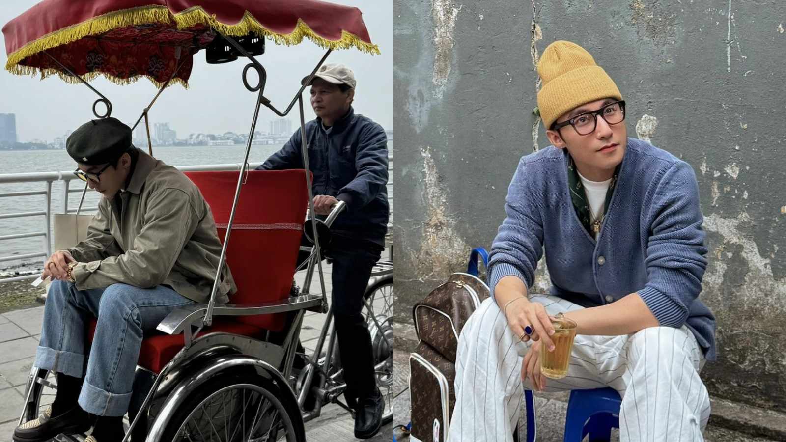 The image of Son Tung M-TP riding a cyclo and drinking iced tea has gone viral. Photo: Facebook character