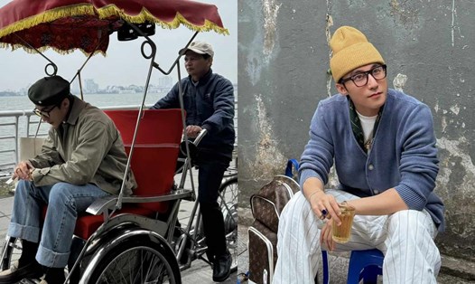 Hình ảnh Sơn Tùng M-TP đi xích lô, ngồi uống trà đá gây sốt. Ảnh: Facebook nhân vật
