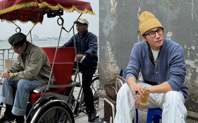 The image of Son Tung M-TP riding a cyclo and drinking iced tea has gone viral. Photo: Facebook character