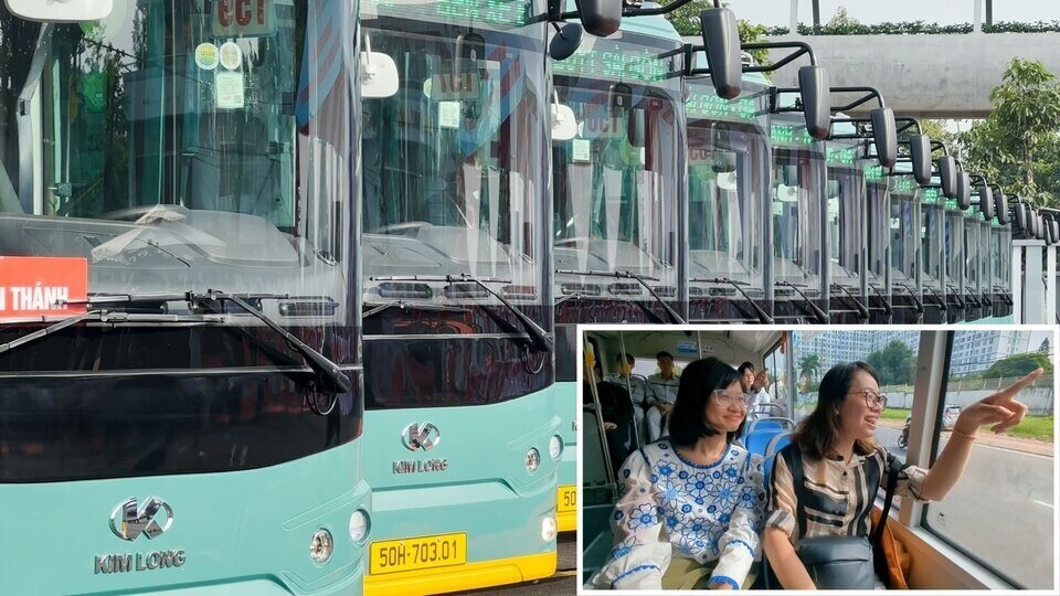 People enjoy experiencing the electric bus connecting to Metro Line 1 in Ho Chi Minh City.