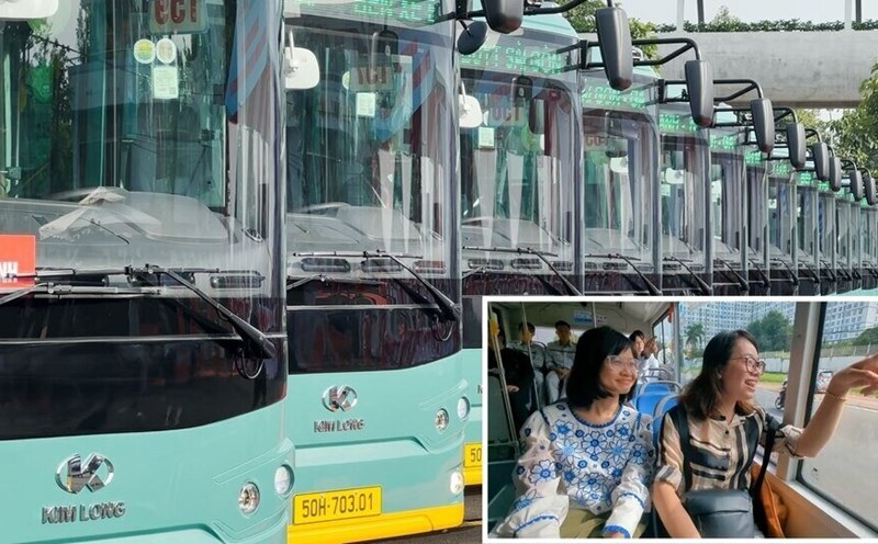People enjoy experiencing the electric bus connecting to Metro Line 1 in Ho Chi Minh City.