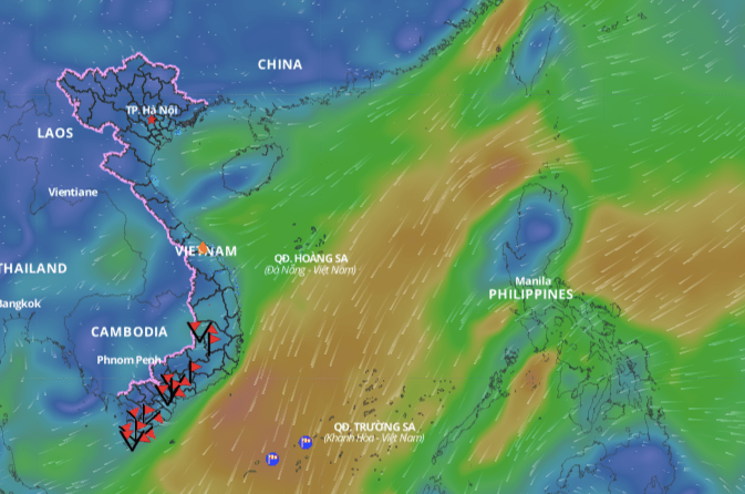 Currently, a low pressure area is operating in the southern part of the East Sea. Above is the image of the wind direction layer over the sea updated at 6:00 p.m. on December 20. Photo: Vietnam Natural Disaster Monitoring System