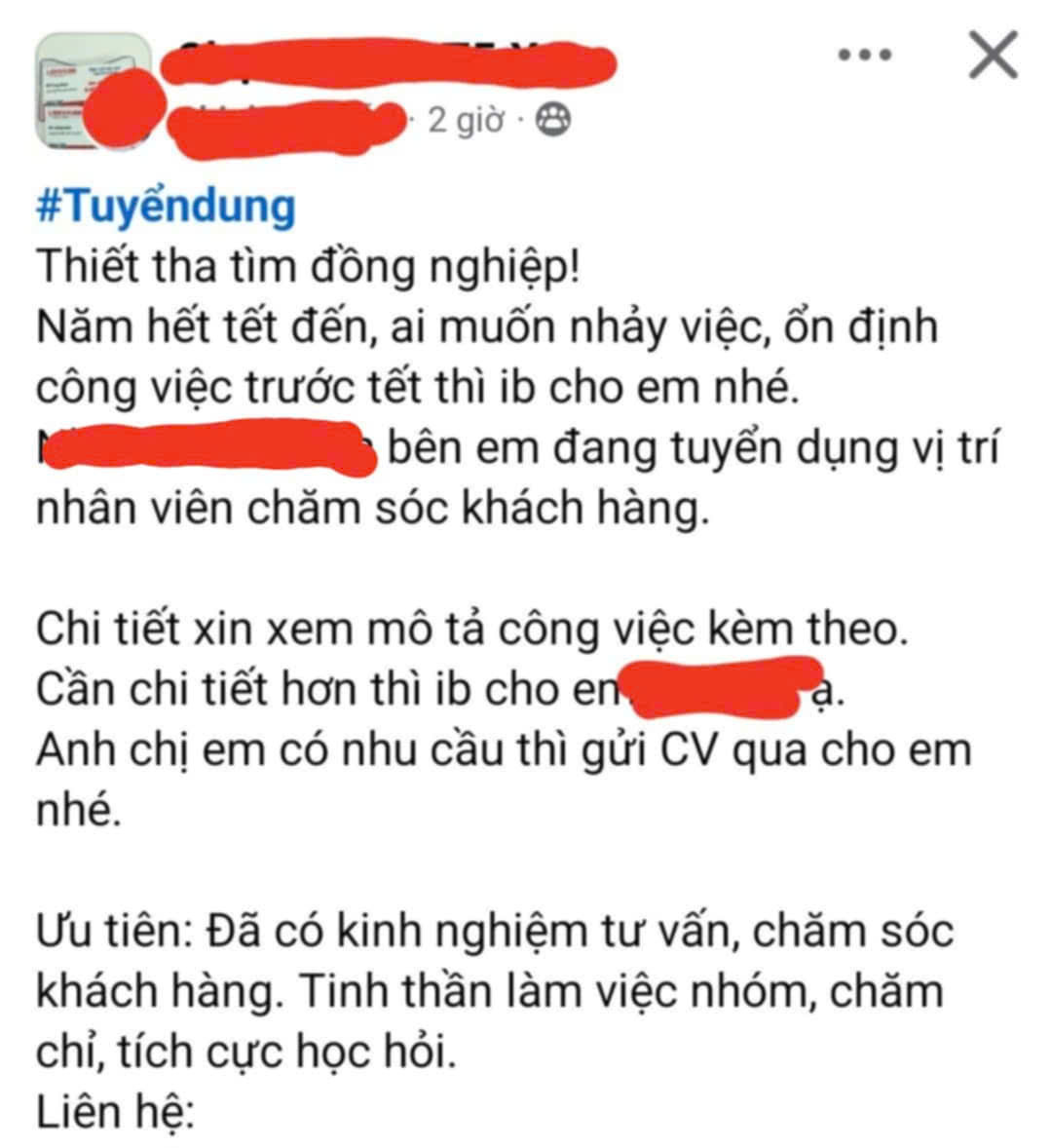 Thông tin lừa đảo việc dịp Tết mà chị Linh tiếp cận được. Ảnh: Hà Linh