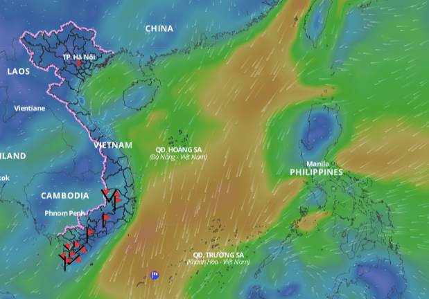 Currently, a low pressure area is operating in the southern part of the East Sea. Above is the image of the wind direction layer over the sea updated at 10:00 on December 21. Photo: Vietnam Natural Disaster Monitoring System