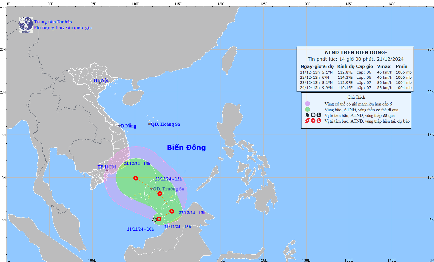 Updated location and path of tropical depression at 2:00 p.m. on December 21. Photo: National Center for Hydro-Meteorological Forecasting