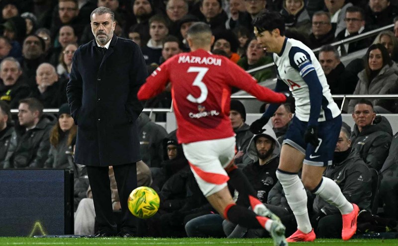 Ange Postecoglou couldn't be too happy even though Tottenham had just beaten Man United to reach the League Cup semi-finals. Photo: AFP