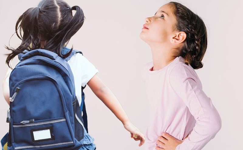Risk of scoliosis when your child carries a backpack that is too heavy. Graphics: Thien Nhan
