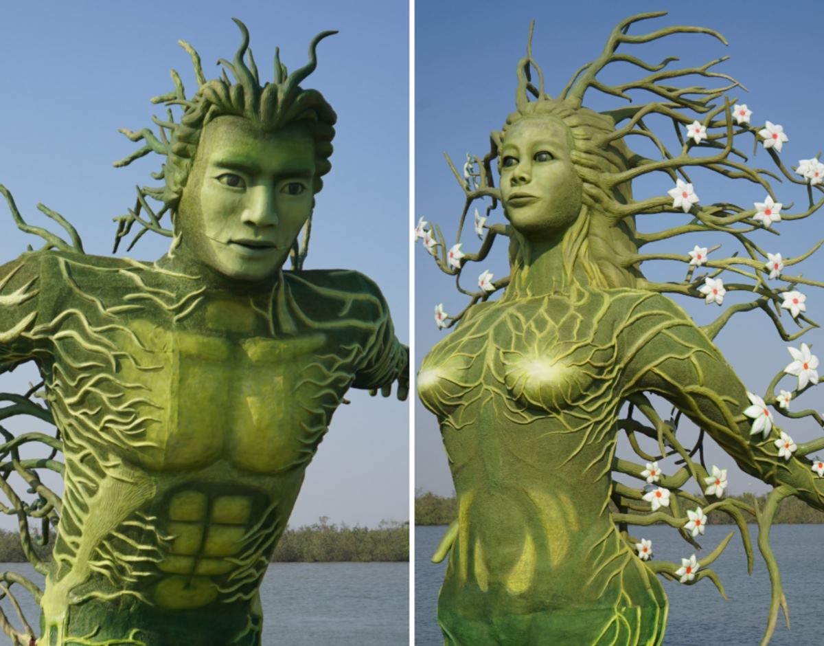 Two giant green statues are causing a stir in Hai Phong. Photo: Mai Dung