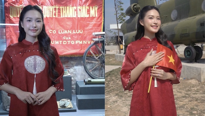 Doan Hai My wears a red ao dai to visit the Vietnam Military History Museum. Photo: FBNV