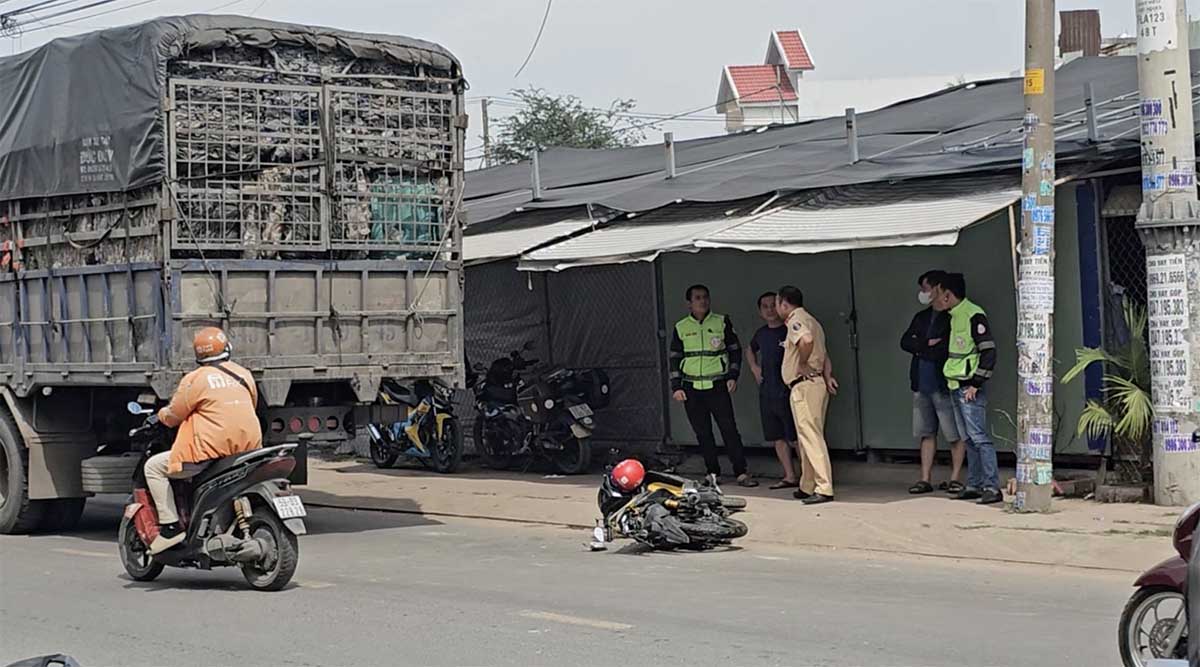 The accident between a truck and a motorbike left two people seriously injured.
