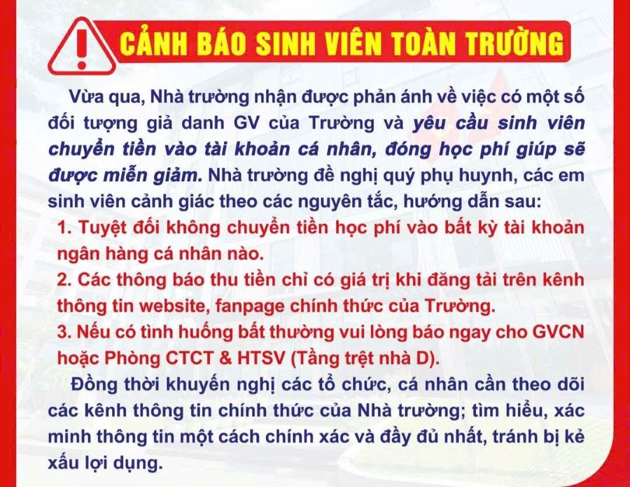 Ho Chi Minh City University of Industry posted a warning to students about scams. Photo: School