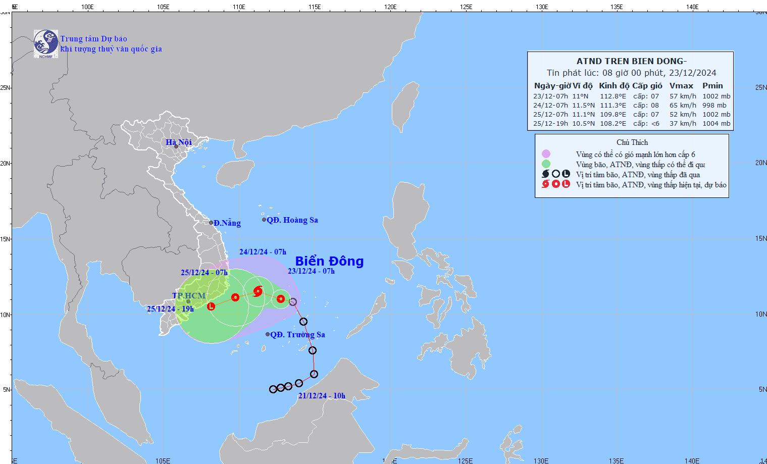 Cap nhat huong di moi nhat cua ap thap nhiet doi o Bien Dong. Anh: Trung tam Du bao Khi tuong Thuy van quoc