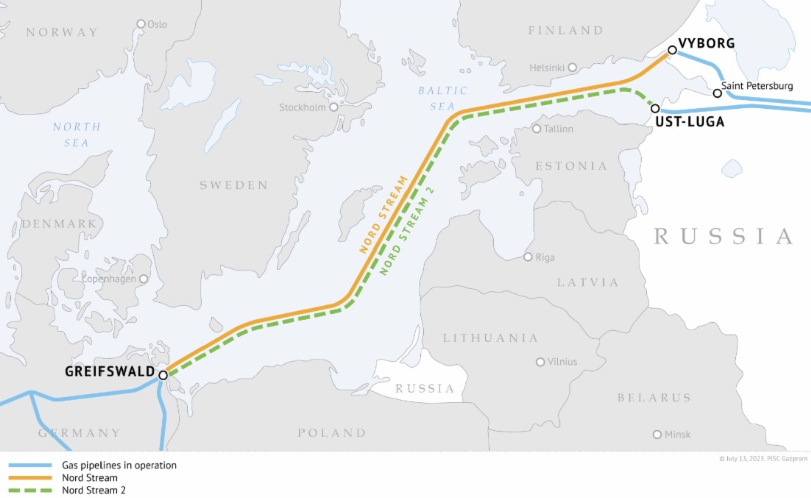 Vi tri duong ong dan khi Nord Stream va Nord Stream 2. Anh: Gazprom 