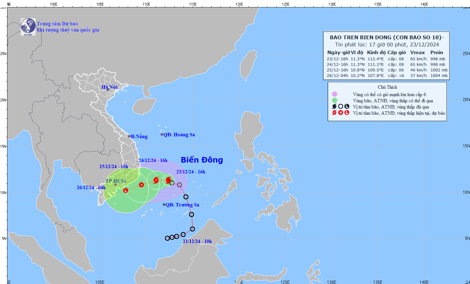 Updated location and path of storm No. 10 at 5:00 p.m. on December 23. Photo: National Center for Hydro-Meteorological Forecasting