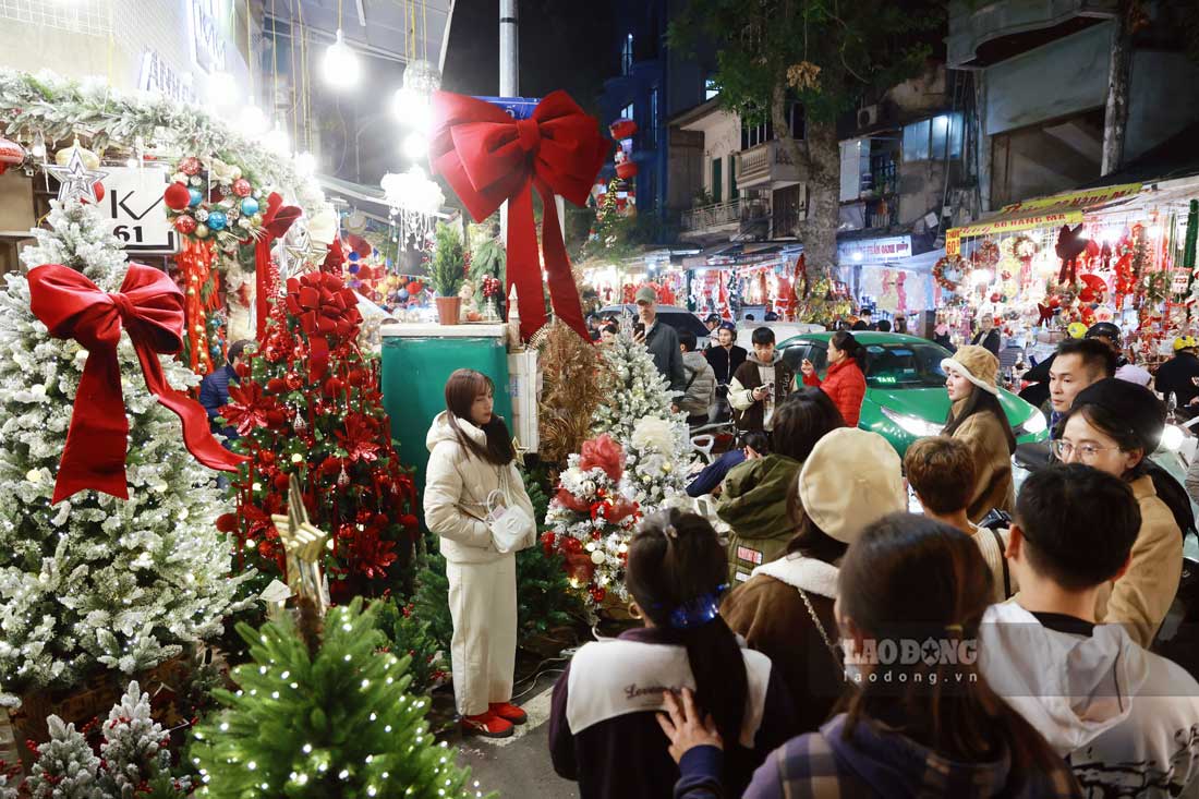 Vi co nhieu cay thong, nhieu phu kien Noel ruc ro sac mau nen Pho Hang Ma cung thu hut rat nhieu ban tre toi chup hinh moi toi.