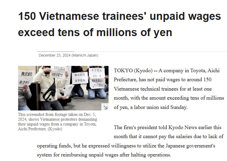 Japanese newspaper reported that 150 Vietnamese workers were owed wages in this country. Screenshot.