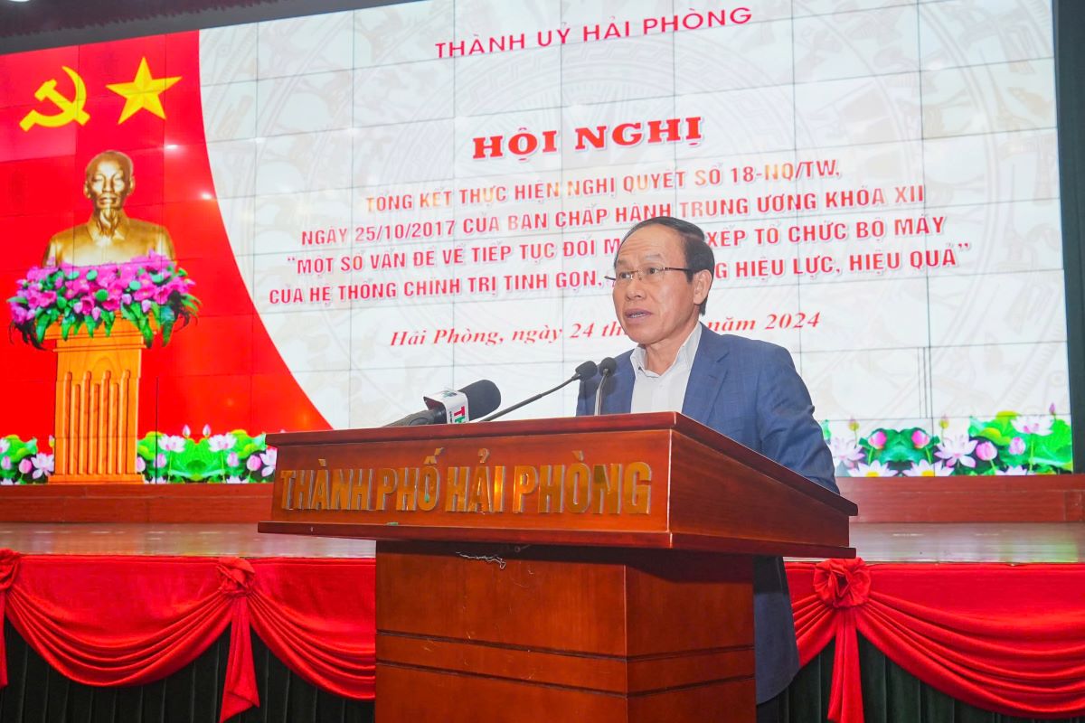 Secretary of the City Party Committee Le Tien Chau delivered a concluding speech at the Conference. Photo: Hai Phong Portal