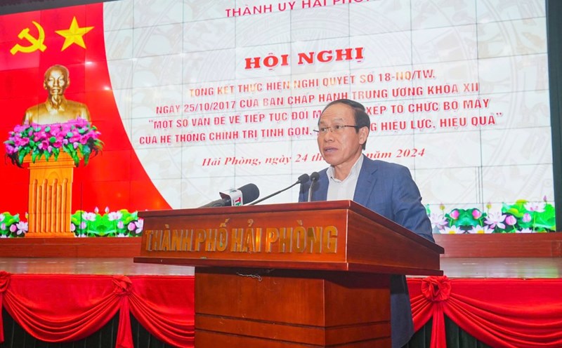 Secretary of the City Party Committee Le Tien Chau delivered a concluding speech at the Conference. Photo: Hai Phong Portal