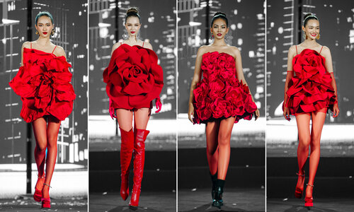 Designer Do Manh Cuong introduces a bright red collection. Photo: Interviewee