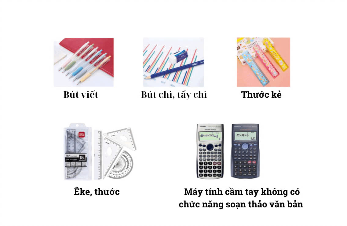 Các vật dụng được mang vào phòng thi tốt nghiệp THPT năm 2025. Ảnh: Vân Trang