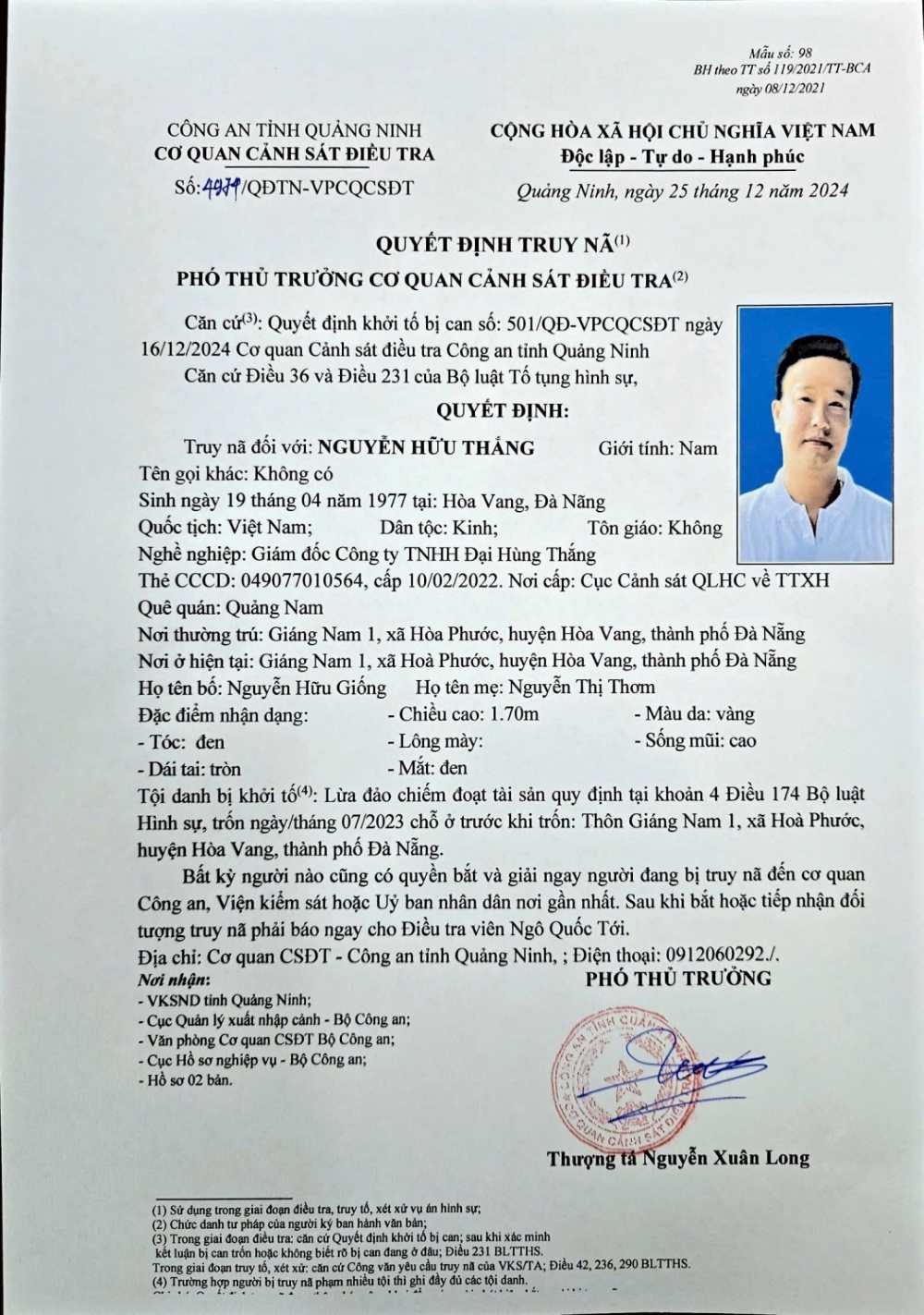 Quyết định truy nã Giám đốc Công ty TNHH Đại Hùng Thắng của Công an tỉnh Quảng Ninh. Ảnh: Công an tỉnh Quảng Ninh