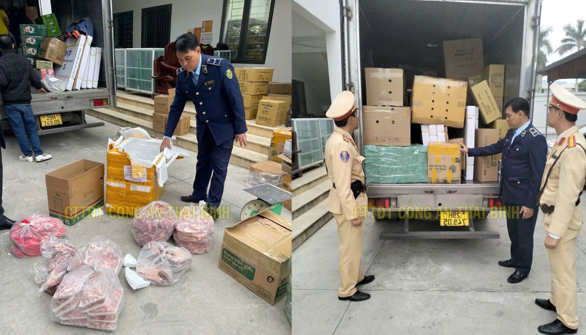 Toàn bộ số hàng hóa không rõ nguồn gốc, xuất xứ đã được lực lượng CSGT bàn giao cho lực lượng QLTT tỉnh xử lý theo quy định. Ảnh: Công an tỉnh Thái Bình
