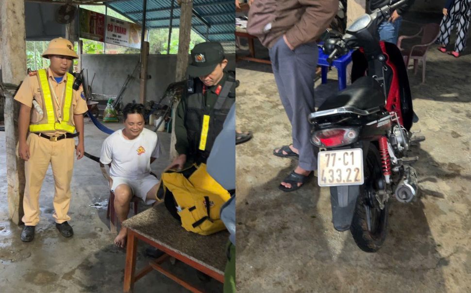 CSGT bắt giữ đối tượng nghi trộm xe máy và tang vật. Ảnh: Phòng CSGT Công an tỉnh Bình Định