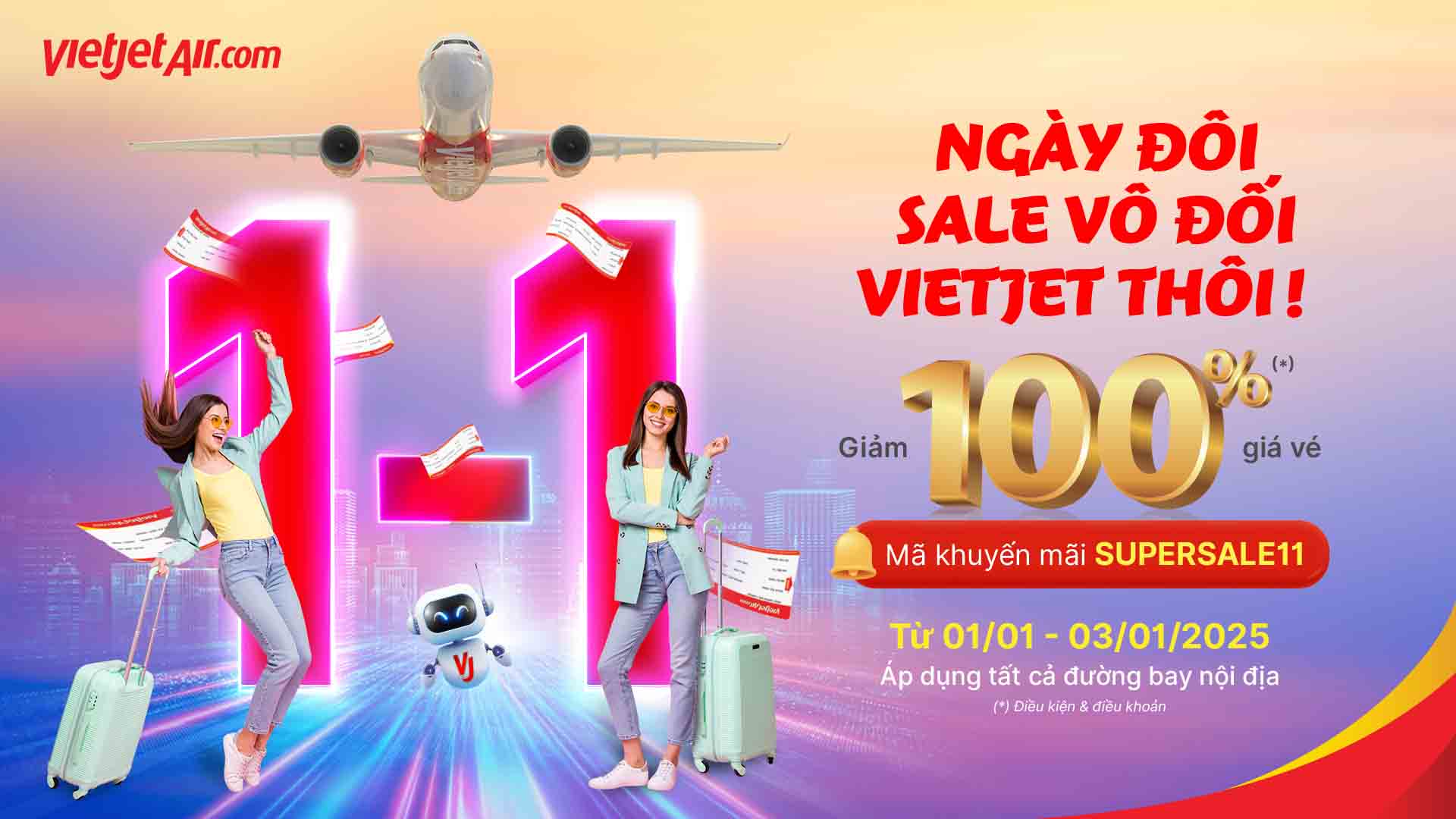 Du xuan may man cung Vietjet voi ve bay giam 100%. 