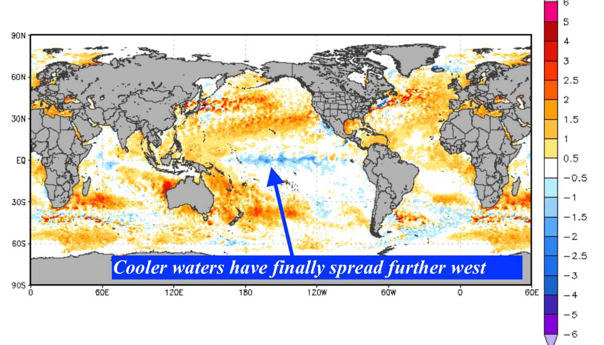 Các vùng nước lạnh hơn cuối cùng đã di chuyển về phía tây, cho thấy La Nina sẽ hình thành trong vài tuần tới. Ảnh: NOAA