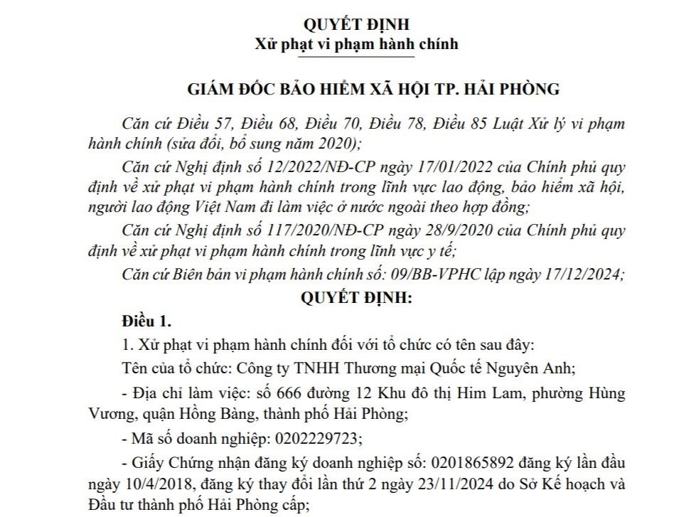Quyết định xử phạt vi phạm hành chính của BHXH TP Hải Phòng. Ảnh chụp màn hình