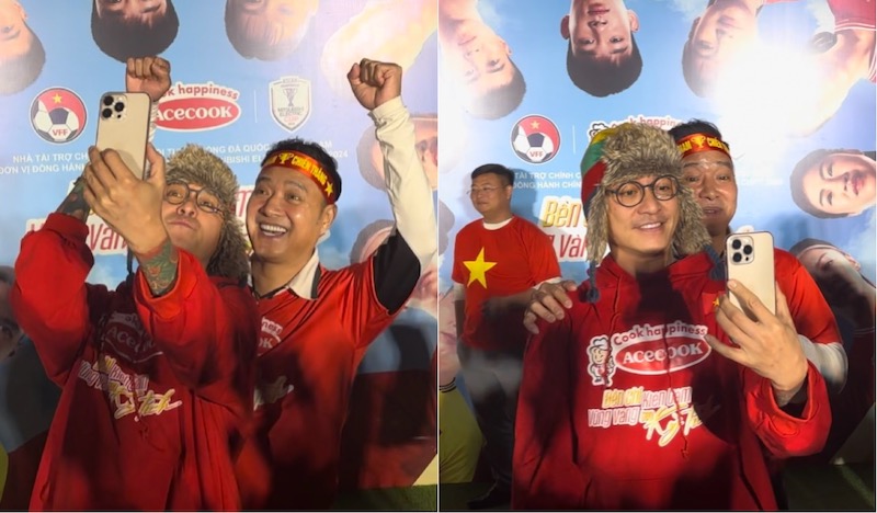 Singer Tuan Hung and former player Hong Son cheer for the Vietnamese team. Photo: An Nguyen