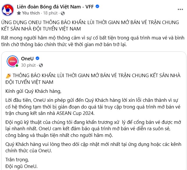 Bai dang thong bao lui thoi gian mo ban ve cua OneU va Lien doan bong da Viet Nam. Anh chup man hinh