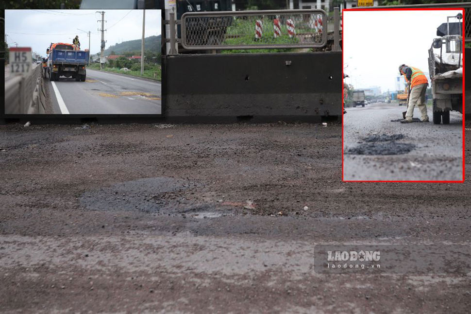 Nhiều vị trí trên QL1A qua Bình Định vẫn chi chít ổ gà, nham nhở sau khi được đơn vị thi công khắc phục. Ảnh: Hoài Luân