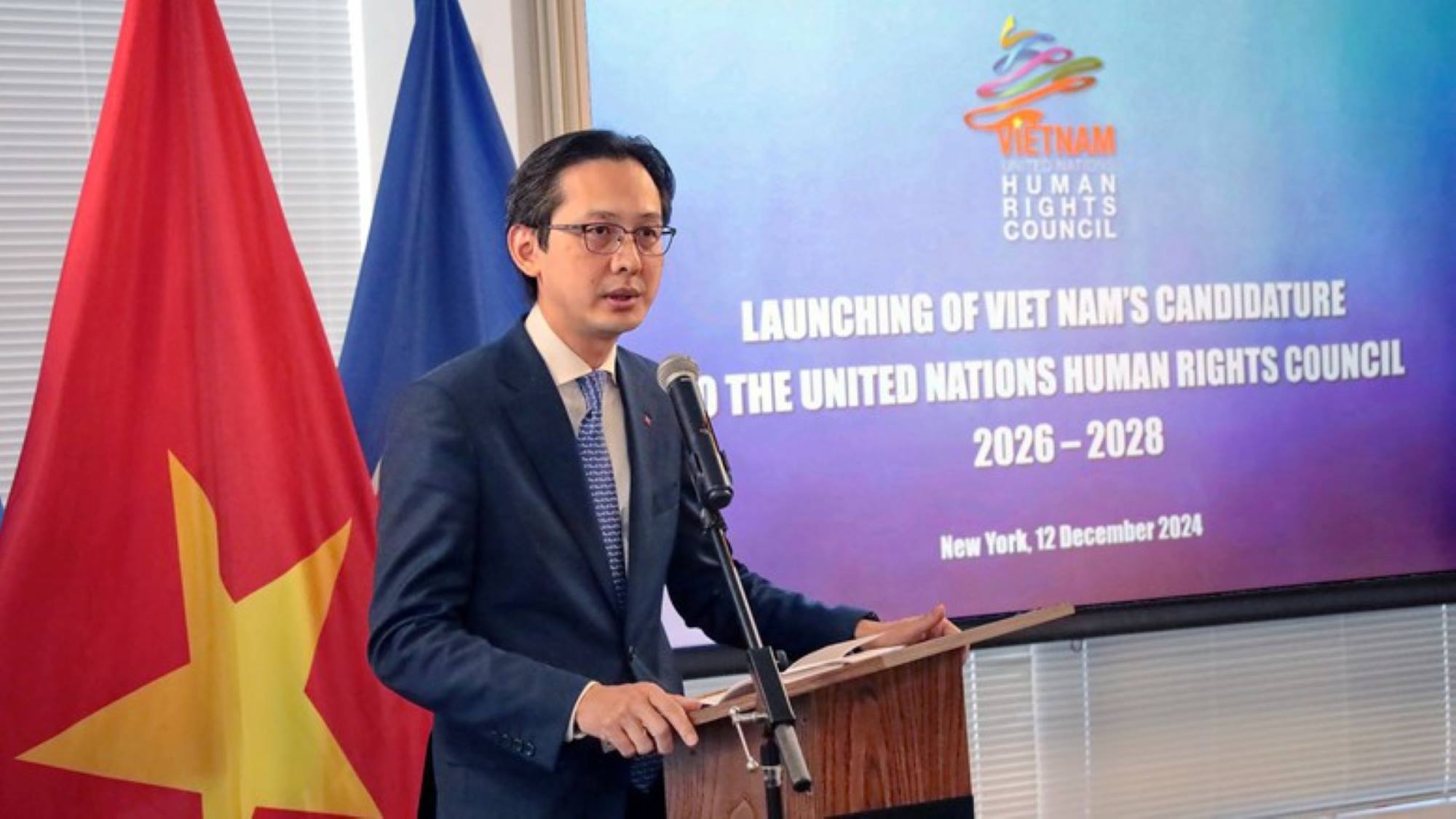 Deputy Minister of Foreign Affairs Do Hung Viet speaks at the ceremony announcing Vietnam's re-election to the United Nations Human Rights Council for the 2026-2028 term, December 12, 2024 in New York, USA. Photo: Ministry of Foreign Affairs