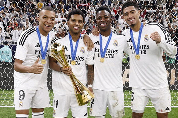 Mbappe, Rodrygo, Vinicius va Bellingham an mung chuc vo dich FIFA Club World Cup 2024. Anh: Real Madrid