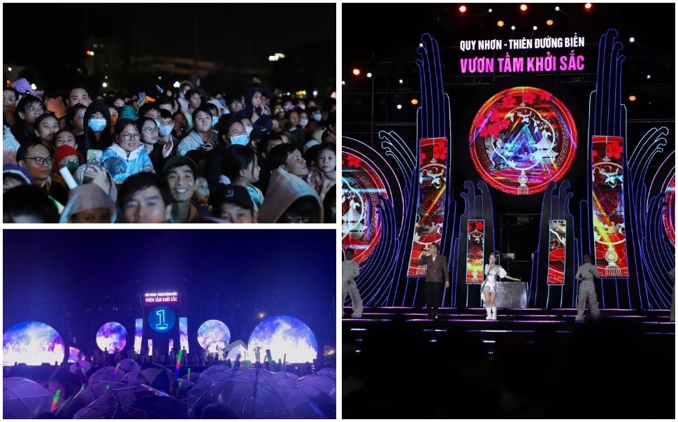 Audience in Binh Dinh braved the rain to welcome the New Year moment. Photo: Hoai Phuong
