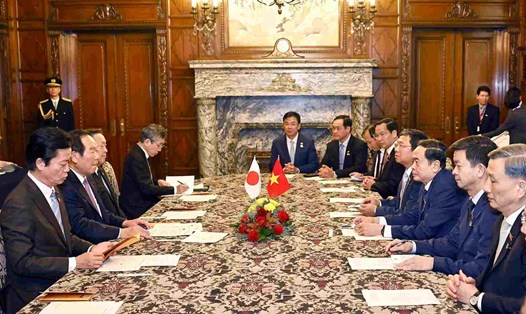 Quang cảnh cuộc hội đàm giữa Ủy viên Bộ Chính trị, Chủ tịch Quốc hội Trần Thanh Mẫn với Chủ tịch Hạ viện Nhật Bản Nukaga Fukushiro. Ảnh: TTXVN