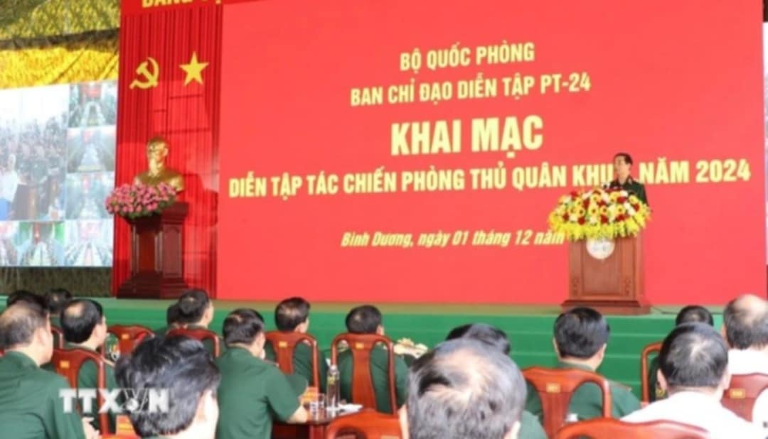 Panorama of the opening ceremony of the 2024 Military Region 7 defensive combat exercise. Photo: Huyen Trang/VNA