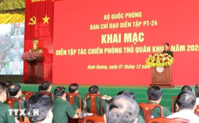 Panorama of the opening ceremony of the 2024 Military Region 7 defensive combat exercise. Photo: Huyen Trang/VNA