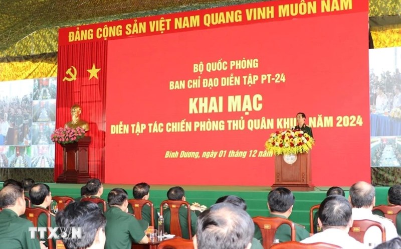 Panorama of the opening ceremony of the 2024 Military Region 7 defensive combat exercise. Photo: Huyen Trang/VNA