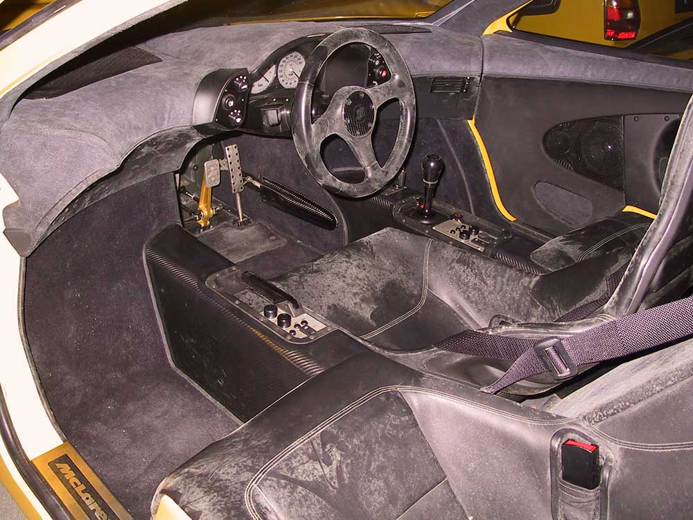 Close-up of the interior of the McLaren F1 supercar owned by the Sultan of Brunei. Photo cut from video