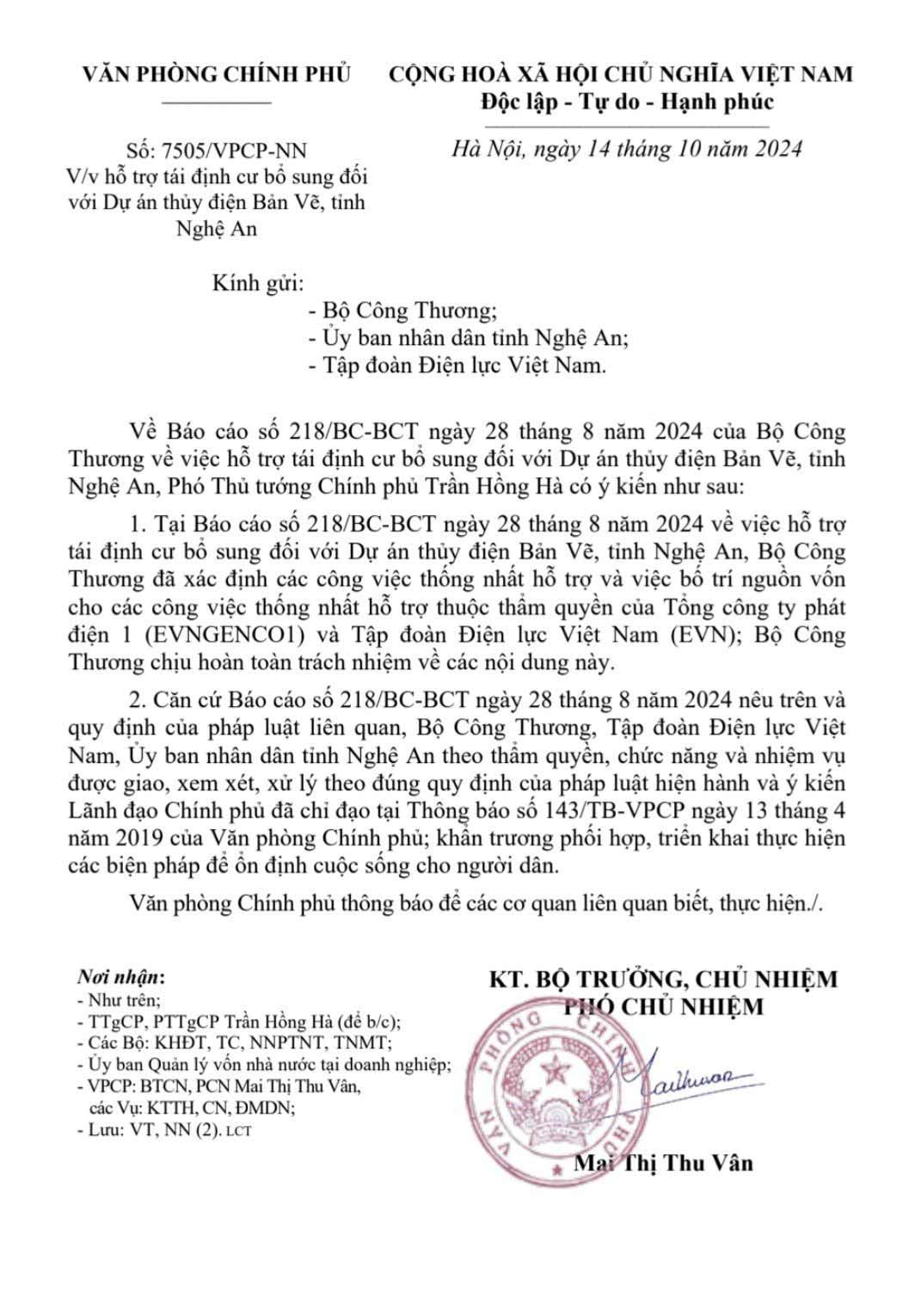  6 / 7  Van ban so 7505/VPCP-NN ngay 14.10.2024 cua Van phong Chinh phu ve viec ho tro tai dinh cu bo sung doi voi Du an thuy dien Ban Ve. Anh: Duy Chuong.