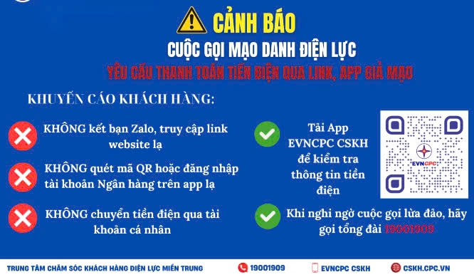 Electricity warns of impersonation to defraud customers. Photo: EVNCPC