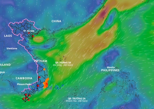 Cold air causes bad weather in the North East Sea. Above is the image of the wind direction layer over the sea updated at 11:00 on December 7. Photo: Vietnam Natural Disaster Monitoring System
