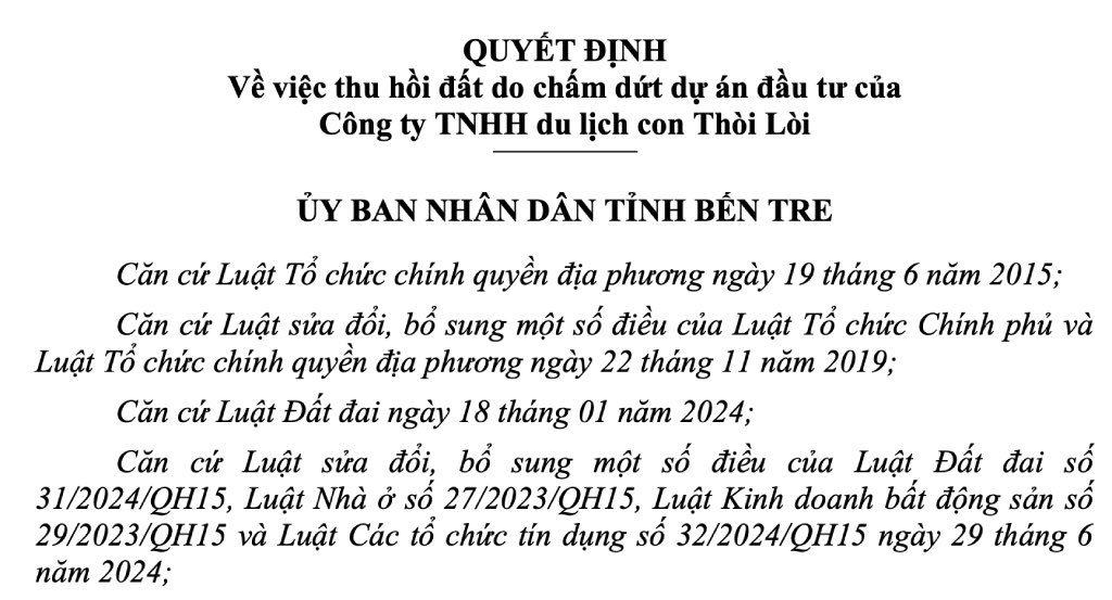 UBND tinh Ben Tre da thu hoi dat cua Cong ty TNHH du lich con Thoi Loi do cham dut du an dau tu khu nghi duong Quao Retreat. Anh: Thanh Nhan